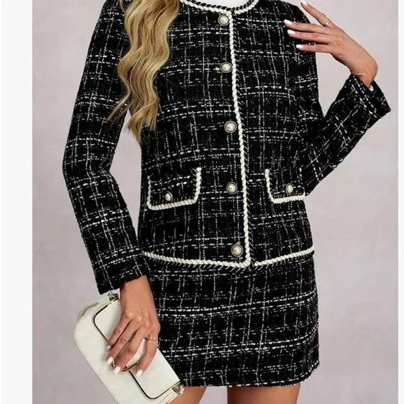 2 Piece Outfits Plaid Button Front Long Sleeve Tweed Set Suit